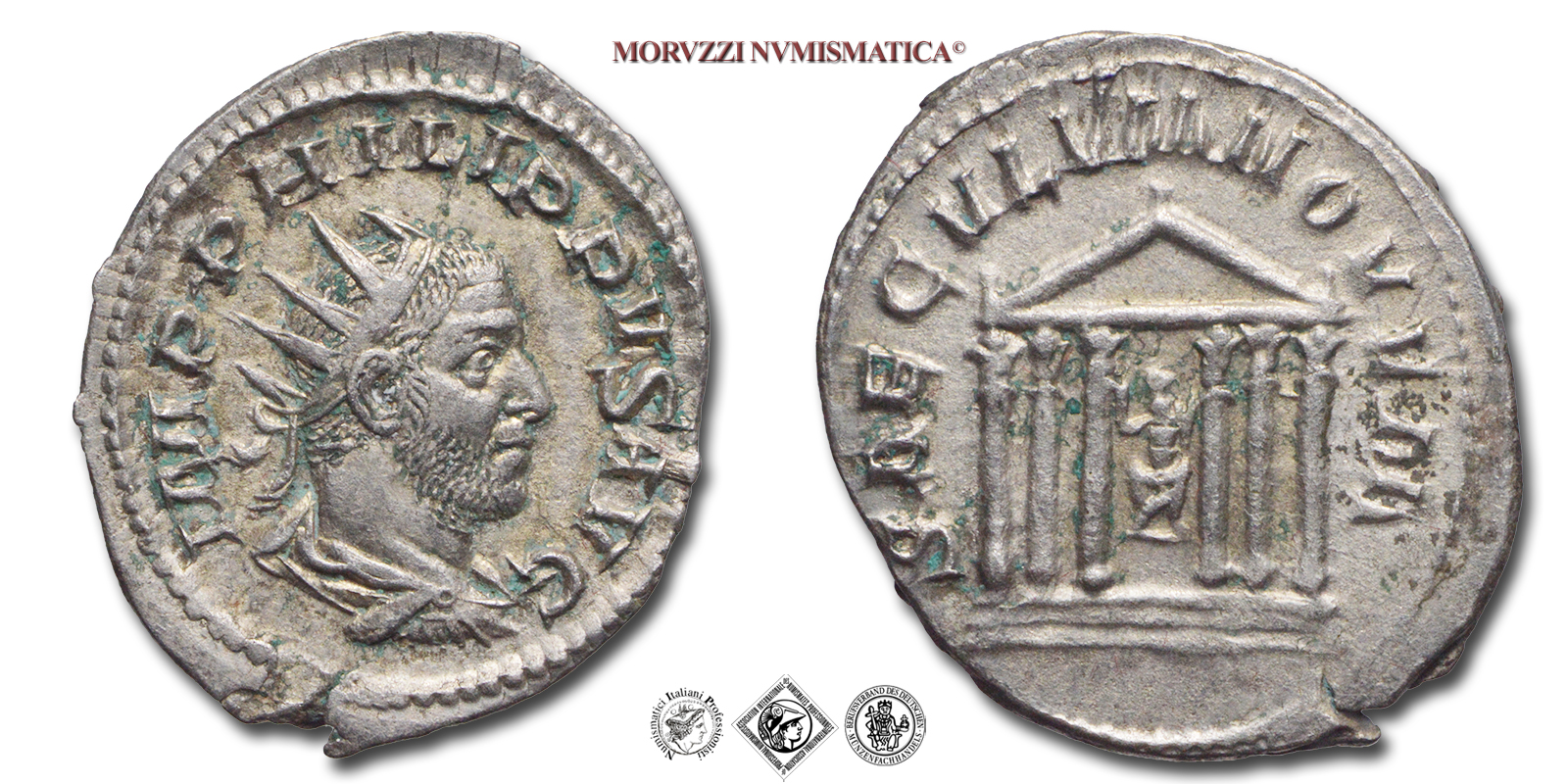 FILIPPO I L'ARABO, ANTONINIANO COMMEMORATIVO DEL MILLENNIO DI ROMA, 248 d.C., SAECVLVM NOVVM tempio esastilo con statua di Roma nel centro, Zecca di Roma, ARGENTO, SPL, (RIC 25b) / monete romane imperiali antiche d'argento (moneta romana imperiale antica - Impero Romano) | Moruzzi Numismatica