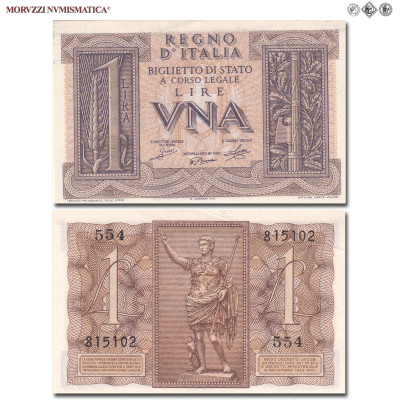 Regno d'Italia, Vittorio Emanuele III, BIGLIETTO DI STATO, LIRA, Impero - Augusto di Prima Porta, 14.11.1939, Firme: Grassi, Porena, Cossu, FDS, (Crapanzano BS6) / banconote italiane (cartamoneta italiana - biglietti da una lira) - FOTO GENERICA | Moruzzi Numismatica