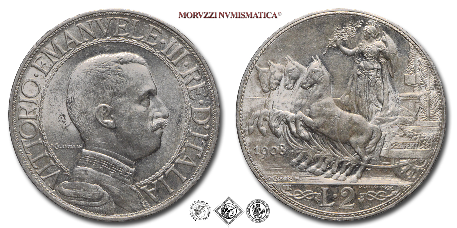 Regno d'Italia, VITTORIO EMANUELE III, LIRE 2, Quadriga veloce, 1908, Zecca di Roma, ARGENTO, FDC, (Pagani 732) / monete italiane moderne d'argento (moneta italiana moderna da collezione - Casa Savoia) | Moruzzi Numismatica