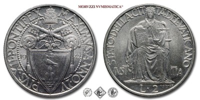 Città del Vaticano, PIO XII, Pacelli, LIRE 2, 1942 ANNO IV, Zecca di Roma, ACMONITAL, FDC, (Pagani 776) / monete papali vaticane (moneta papale vaticana da collezione) | Moruzzi Numismatica
