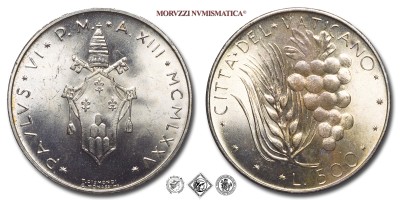 Città del Vaticano, PAOLO VI, Montini, LIRE 500, 1975 A XIII, Zecca di Roma, ARGENTO, FDC, (Pagani 993) / monete papali vaticane d'argento (moneta papale vaticana da collezione) | Moruzzi Numismatica