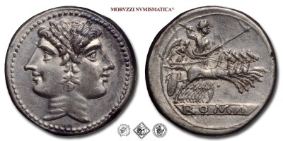 ANONIMO, QUADRIGATO, 225-212 a.C., testa gianiforme dei Dioscuri / Giove in quadriga guidata dalla Vittoria con fulmine e scettro; in esergo: ROMA, Zecca incerta, ARGENTO, mSPL, (NC), (Crawford 29/3) / monete romane repubblicane antiche d'argento (moneta antica della Repubblica Romana) | Moruzzi Numismatica