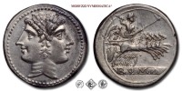 ANONIMO, QUADRIGATO, 225-212 a.C., testa gianiforme dei Dioscuri / Giove in quadriga guidata dalla Vittoria con fulmine e scettro; in esergo: ROMA, Zecca incerta, ARGENTO, mSPL, (NC), (Crawford 29/3) / monete romane repubblicane antiche d'argento (moneta antica della Repubblica Romana) | Moruzzi Numismatica