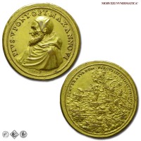 Stato Pontificio, PIO V, Ghislieri, MEDAGLIA IN BRONZO DORATO, Battaglia di Lepanto, 1571 ANNO VI, Opus Giovanni Federico Bonzagni, detto il Parmense, mSPL, (RR), (Modesti 614) / medaglie papali pontificie rare da collezione | Moruzzi Numismatica
