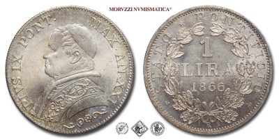Stato Pontificio, PIO IX, Mastai Ferretti, LIRA, Busto piccolo, 1866 AN XXI, Zecca di Roma, ARGENTO,  FDC, (NC), (Pagani 567) / monete papali pontificie d'argento (moneta papale pontificia da collezione) | Moruzzi Numismatica