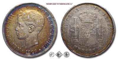 Spagna, ALFONSO XIII, PESETAS 5, 1898, Zecca di Madrid, ARGENTO, mBB, (Calicò 27) / Alfonso XII rey de España monedas españolas de CINCO PESETAS de plata Real Casa de la Moneda (WORLD SILVER COINS - monete mondiali europee spagnole - moneta mondiale europea spagnola d'argento) | Moruzzi Numismatica