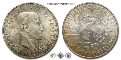 Austria, REPUBBLICA, SCELLINI 25, 100° anniversario della morte dell'arciduca Johann, 1959, Zecca di Vienna (Münze Österreich), ARGENTO, FDC, (KM 2887) / Silbermünzen aus dem Republik Österreich FUENFUNDZWANZIG SCHILLING 100. Jahrestag des Todes von Erzherzog Johann Wien Stempelglanz (World SILVER coins - monete mondiali europee commemorative austriache d'argento - moneta mondiale europea commemorativa austriaca) | Moruzzi Numismatica