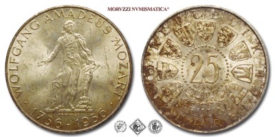 Austria, REPUBBLICA, SCELLINI 25, 200° anniversario della nascita di Wolfgang Amadeus Mozart, 1956, Zecca di Vienna (Münze Österreich), ARGENTO, qFDC, (KM 2881) / Silbermünzen aus dem Republik Österreich FUENFUNDZWANZIG SCHILLING 200. Jahrestag der Geburt von Wolfgang Amadeus Mozart Wien fast Stempelglanz (World SILVER coins - monete mondiali europee commemorative austriache d'argento - moneta mondiale europea commemorativa austriaca) | Moruzzi Numismatica