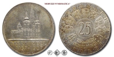 Austria, REPUBBLICA, SCELLINI 25, VIII centenario della Basilica di Mariazell, 1957, Zecca di Vienna (Münze Österreich), ARGENTO, SPL, (KM 2883) / Silbermünzen aus dem Republik Österreich FUENFUNDZWANZIG SCHILLING Basilika Mariazell - 8. Jahrestag Wien fast vorzüglich (World SILVER coins - monete mondiali europee commemorative austriache d'argento - moneta mondiale europea commemorativa austriaca) | Moruzzi Numismatica