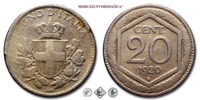Regno d'Italia, VITTORIO EMANUELE III, CENTESIMI 20, Esagono - bordo liscio, 1920, Zecca di Roma, NICHEL, MB, (R), (Pagani 852) / monete italiane moderne rare (moneta italiana moderna rara da collezione - Casa Savoia) | Moruzzi Numismatica