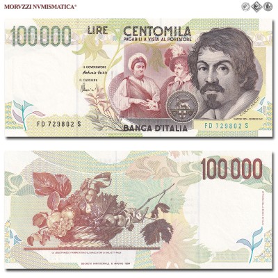 Repubblica Italiana, BANCA D'ITALIA, LIRE 100000, Caravaggio II tipo - Serie D, 20.02.1997, Firme: Fazio, Amici, FDS, (Crapanzano 629) / banconote italiane (cartamoneta italiana da collezione - banconota da 100.000 lire) | Moruzzi Numismatica