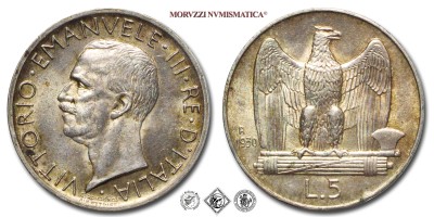 Regno d'Italia, VITTORIO EMANUELE III, LIRE 5, Aquilotto (Aquilino) - una rosetta, 1930, Zecca di Roma, ARGENTO, qSPL, (Pagani 713) / monete italiane moderne d'argento (monete italiana moderna da collezione - Casa Savoia) | Moruzzi Numismatica