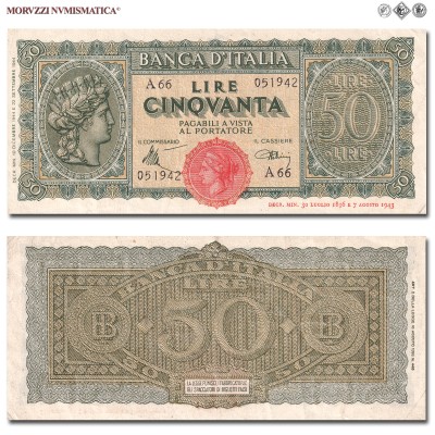 Italia, Luogotenenza, BANCA D'ITALIA, LIRE 50, Italia turrita, 10.12.1944, Firme: Introna, Urbini, SPL, (Crapanzano 131A) / banconote italiane moderne (cartamoneta italiana da collezione - banconota da cinquanta lire) | Moruzzi Numismatica