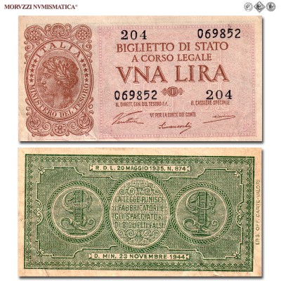 Italia, Luogotenenza, BIGLIETTO DI STATO, LIRA, 23.11.1944, Firme: Ventura, Simoneschi, Giovinco, qSPL, (Crapanzano BS7) / banconote italiane (cartamoneta italiana - biglietti da collezione - banconota da una lira) | Moruzzi Numismatica