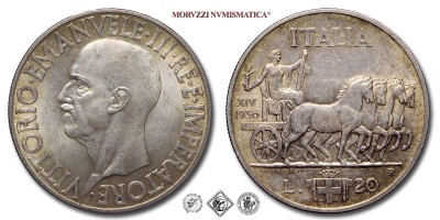 Regno d'Italia, VITTORIO EMANUELE III, LIRE 20, Impero, 1936 XIV, Zecca di Roma, ARGENTO, mSPL, (R), (Pagani 681) / monete italiane moderne rare d'argento (moneta italiana moderna rara da collezione - Casa Savoia) | Moruzzi Numismatica