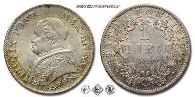 Stato Pontificio, PIO IX, Mastai Ferretti, LIRA, Busto piccolo, 1866 AN XXI, Zecca di Roma, ARGENTO,  FDC, (NC), (Pagani 567) / monete papali pontificie d'argento (moneta papale pontificia da collezione) | Moruzzi Numismatica