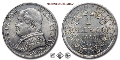 Stato Pontificio, PIO IX, Mastai Ferretti, LIRA, Busto grande, 1868 AN XXII, Zecca di Roma, ARGENTO, qFDC, (Pagani 572) / monete papali pontificie d'argento (moneta papale pontificia da collezione) | Moruzzi Numismatica