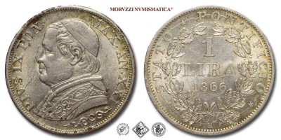 Stato Pontificio, PIO IX, Mastai Ferretti, LIRA, Busto grande, 1866 AN XXI, Zecca di Roma, ARGENTO,  FDC, (Pagani 568) / monete papali pontificie d'argento (moneta papale pontificia da collezione) | Moruzzi Numismatica