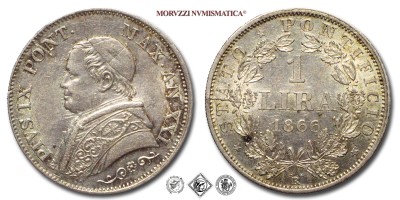 Stato Pontificio, PIO IX, Mastai Ferretti, LIRA, Busto piccolo, 1866 AN XXI, Zecca di Roma, ARGENTO,  FDC, (NC), (Pagani 567) / monete papali pontificie d'argento (moneta papale pontificia da collezione) | Moruzzi Numismatica