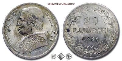 Stato Pontificio, PIO IX, Mastai Ferretti, BAIOCCHI 20, 1865 A XIX, Zecca di Roma, ARGENTO, FDC, (Pagani 426) / monete papali pontificie d'argento (moneta papale pontificia da collezione) | Moruzzi Numismatica
