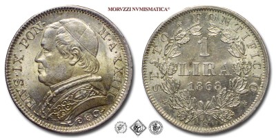Stato Pontificio, PIO IX, Mastai Ferretti, LIRA, Busto grande, 1868 AN XXII, Zecca di Roma, ARGENTO, FDC, (Pagani 572) / monete papali pontificie d'argento (moneta papale pontificia da collezione) | Moruzzi Numismatica