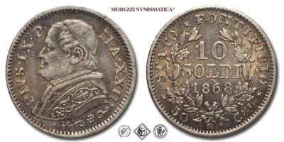 Stato Pontificio, PIO IX, Mastai Ferretti, SOLDI 10, 1868 A XXIII, Zecca di Roma, ARGENTO, SPL, (Pagani 581) / monete papali pontificie d'argento (moneta papale pontificia da collezione)  | Moruzzi Numismatica