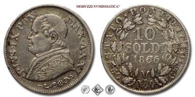 Stato Pontificio, PIO IX, Mastai Ferretti, SOLDI 10, 1866 A XXI, Zecca di Roma, ARGENTO, mBB, (R), (Pagani 577) / monete papali pontificie rare d'argento (moneta papale pontificia rara da collezione)  | Moruzzi Numismatica