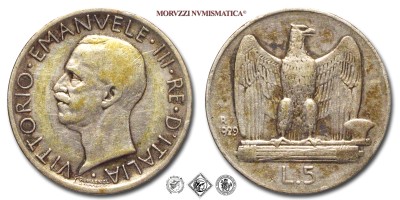 Regno d'Italia, VITTORIO EMANUELE III, LIRE 5, Aquilotto (Aquilino) - una rosetta, 1929, Zecca di Roma, ARGENTO, BB, (Pagani 712) / monete italiane moderne d'argento (moneta italiana moderna da collezione - Casa Savoia) | Moruzzi Numismatica