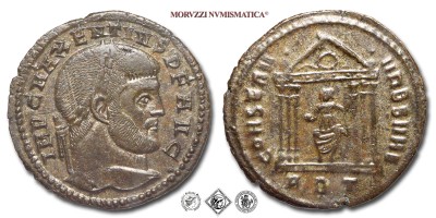MASSENZIO, FOLLIS, 308-310 d.C., CONSERV VRB SVAE / RBT tempio esastilo contenente la statua della dea Roma seduta con scettro e globo, Zecca di Roma, BRONZO, mBB, (RIC 210) / monete romane imperiali antiche (moneta romana imperiale antica - Impero Romano) | Moruzzi Numismatica