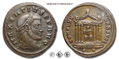 MASSENZIO, FOLLIS, 307-308 d.C., CONSERV VRB SVAE / S T tempio esastilo all'interno del quale vi è la statua di Roma seduta, Zecca di Ticinum, BRONZO, mBB, (RIC 95) / monete romane imperiali antiche (moneta romana antica - Impero Romano) | Moruzzi Numismatica