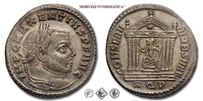 MASSENZIO, FOLLIS, 307-309/310 d.C., CONSERV VRB SVAE / AQP Roma seduta di fronte all'interno di un tempio esastilo. Nel frontone una stella, Zecca di Aquileia, BRONZO, SPL, (RIC 121a) / monete romane imperiali antiche (moneta romana imperiale antica - Impero Romano) | Moruzzi Numismatica
