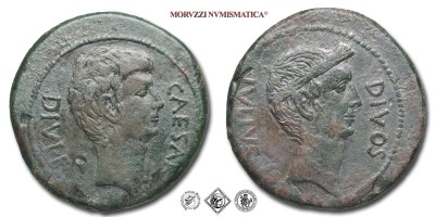 OTTAVIANO e GIULIO CESARE, BRONZO, 38 a.C., D/ CAESAR DIVI F testa nuda di Ottaviano / DIVOS IVLIVS testa laureata di Giulio Cesare, Zecca di Italia, mBB, (R), (Crawford 535/1) / monete romane repubblicane antiche rare (moneta antica rara della Repubblica Romana) | Moruzzi Numismatica