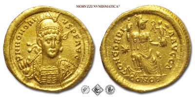 ONORIO, SOLIDO, 397-402 d.C., CONCORDIA AVGGA / CONOB Costantinopoli seduta in trono con scettro e globo niceforo, Zecca di Costantinopoli, ORO, qSPL, (R), (RIC 8/S) / monete romane imperiali antiche rare d'oro (moneta romana imperiale antica rara - Impero Romano) | Moruzzi Numismatica