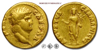 NERONE, AUREO, 64-65 d.C., AVGVSTVS GERMANICVS Nerone radiato stante di fronte con ramoscello e globo niceforo, Zecca di Roma, ORO, BB, (R), (RIC 50/R) / monete romane imperiali antiche rare d'oro (moneta romana imperiale antica rara della dinastia Giulio-Claudia - aurei dell'Impero Romano) | Moruzzi Numismatica