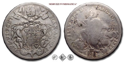 Stato Pontificio, PIO VI, Braschi, SCUDO 1/2, 1775 ANNO I, AVXILIVM • DE SANCTO la chiesa seduta su nubi, Zecca di Roma, ARGENTO, qMB, (Muntoni 20) / monete papali pontificie d'argento (moneta papale pontificia da collezione) | Moruzzi Numismatica