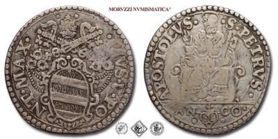 Stato Pontificio, PIO V, Ghislieri, TESTONE, 1566-1572, • S • PETRVS • ANCONA • busto frontale di S. Pietro, Zecca di Ancona, ARGENTO, qBB, (Muntoni 32) / monete papali pontificie d'argento (moneta papale pontificia da collezione) | Moruzzi Numismatica