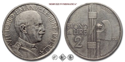 Regno d'Italia, VITTORIO EMANUELE III, BUONO DA LIRE 2, Fascio, 1924, Zecca di Roma, NICHEL, qSPL, (Pagani 742) / monete italiane moderne (moneta italiana moderna da collezione - Casa Savoia) | Moruzzi Numismatica
