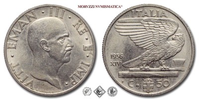 Regno d'Italia, VITTORIO EMANUELE III, CENTESIMI 50, Impero, 1936 A XIV, Zecca di Roma, NICHEL, SPL, (R), (Pagani 818) / monete italiane moderne rare (moneta italiana moderna rara da collezione - Casa Savoia) | Moruzzi Numismatica