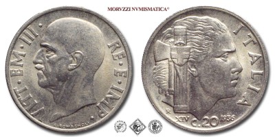 Regno d'Italia, VITTORIO EMANUELE III, CENTESIMI 20, Impero, 1936 XIV, Zecca di Roma, SPL, (R) (Pagani 853) / monete italiane moderne rare (moneta italiana moderna rara da collezione - Casa Savoia) | Moruzzi Numismatica
