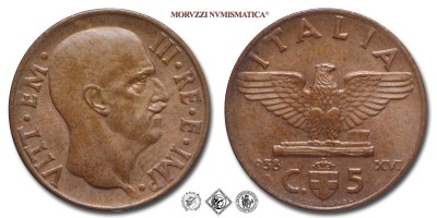 Regno d'Italia, VITTORIO EMANUELE III, CENTESIMI 5, Impero - 1° tipo, 1938 XVI, Zecca di Roma, RAME, m​​​​​​​SPL, (Pagani 919) / monete italiane moderne (moneta italiana moderna da collezione - Casa Savoia) | Moruzzi Numismatica