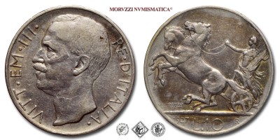 Regno d'Italia, VITTORIO EMANUELE III, LIRE 10, Biga - due rosette, 1927, Zecca di Roma, ARGENTO, mBB, (Pagani 692a) / monete italiane moderne d'argento (moneta italiana moderna da collezione - Casa Savoia) | Moruzzi Numismatica