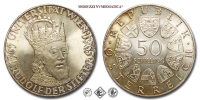 Austria, REPUBBLICA, SCELLINI 50, 600° Anniversario Università di Vienna, 1965, Zecca di Vienna (Münze Österreich), ARGENTO, FDC, (KM 2898) / Silbermünzen aus dem Republik Österreich FÜNFZIG SCHILLING 600-Jahr-Jubiläum der Universität Wien Stempelglanz (World SILVER coins - monete mondiali europee commemorative austriache d'argento - moneta mondiale europea commemorativa austriaca) | Moruzzi Numismatica