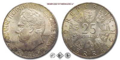 Austria, REPUBBLICA, SCELLINI 25, 150° anniversario della Vienna Tech High School, 1965, Zecca di Vienna (Münze Österreich), ARGENTO, FDC, (KM 2897) / Silbermünzen aus dem Republik Österreich FUENFUNDZWANZIG SCHILLING 150-jähriges Bestehen der Vienna Tech High School Wien (World SILVER coins - monete mondiali europee commemorative austriache d'argento - moneta mondiale europea commemorativa austriaca) | Moruzzi Numismatica