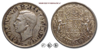 Canada, GIORGIO VI, CENTESIMI 50, 1946, Royal Canadian Mint of Ottawa, ARGENTO, SPL, (KM 36) / King George VI 50 Cents with IND:IMP: World Silver coins (monete mondiali canadesi moderne d'argento - moneta mondiale canadese moderna da collezione) | Moruzzi Numismatica