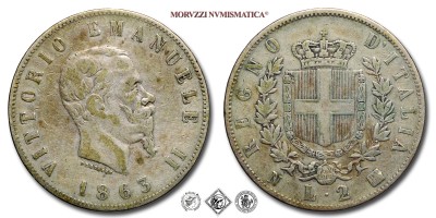 Regno d'Italia, VITTORIO EMANUELE II, LIRE 2, Stemma, 1863 N, Zecca di Napoli, ARGENTO, BB, (Pagani 506) / monete italiane moderne d'argento (moneta italiana moderna da collezione - Casa Savoia) | Moruzzi Numismatica