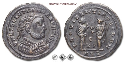 DIOCLEZIANO, FOLLIS, 308-310 d.C., PROVIDENTIA DEORVM / ALE / E K P la Providentia leva in alto la destra dinanzi alla Quiete con ramoscello di olivo e scettro, Zecca di Antiochia, BRONZO, SPL, (NC), (RIC 109) / monete romane imperiali antiche (moneta romana imperiale antica della Tetrarchia - Impero Romano) | Moruzzi Numismatica