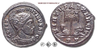 COSTANTINO I, PICCOLO BRONZO, 319-320 d.C., VIRTVS EXERCIT / VOT XX / PT Due prigionieri seduti a terra ai piedi di uno stendardo; quello a s. ha le mani legate dietro il dorso; quello a d. è nell'atteggiamento della tristezza, Zecca di Ticinum, qSPL, (RIC 114) / monete romane imperiali antiche (moneta romana imperiale antica - Impero Romano) | Moruzzi Numismatica