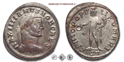 GALERIO MASSIMIANO, FOLLIS, 296-297 d.C., GENIO POPVLI ROMANI / S T il Genio con il modius sul capo ed il mantello sulla spalla sinistra tiene una patera ed una cornucopia; a sinistra una stella, Zecca di Ticinum, BRONZO, SPL, (RIC 32b) / monete romane imperiali antiche (moneta romana imperiale antica della Tetrarchia - Impero Romano) | Moruzzi Numismatica