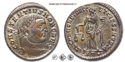 COSTANZO I CLORO, Cesare, FOLLIS, 300-303 d.C., SACRA MONET AVGG ET CAESS NOSTR / P T globetto la Moneta regge una bilancia ed una cornucopia, Zecca di Ticinum, BRONZO, mSPL, (RIC 44a) monete romane imperiali antiche (moneta romana imperiale antica della Tetrarchia - Impero Romano) | Moruzzi Numismatica