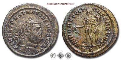 COSTANZO I CLORO, Cesare, FOLLIS, 295-296 d.C., GENIO AVGG ET CAESARVM NN / KB il Genio con patera e cornucopia, Zecca di Cizico, BRONZO, q​​​​​​​SPL, (RIC 11a) monete romane imperiali antiche (moneta romana imperiale antica della Tetrarchia - Impero Romano) | Moruzzi Numismatica